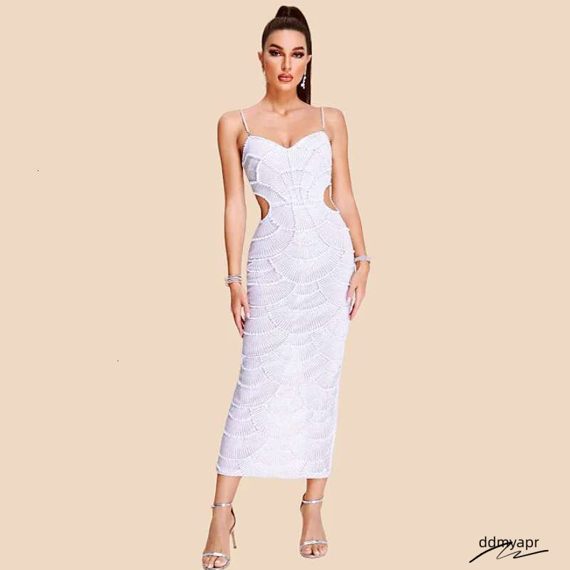 Hot Sale Women Sleeveless Sexy Strap Pearl Beading Sequins Bodycon Long Dress Celebrate Evening Ddmydec Party Birthday Outfit Vestido