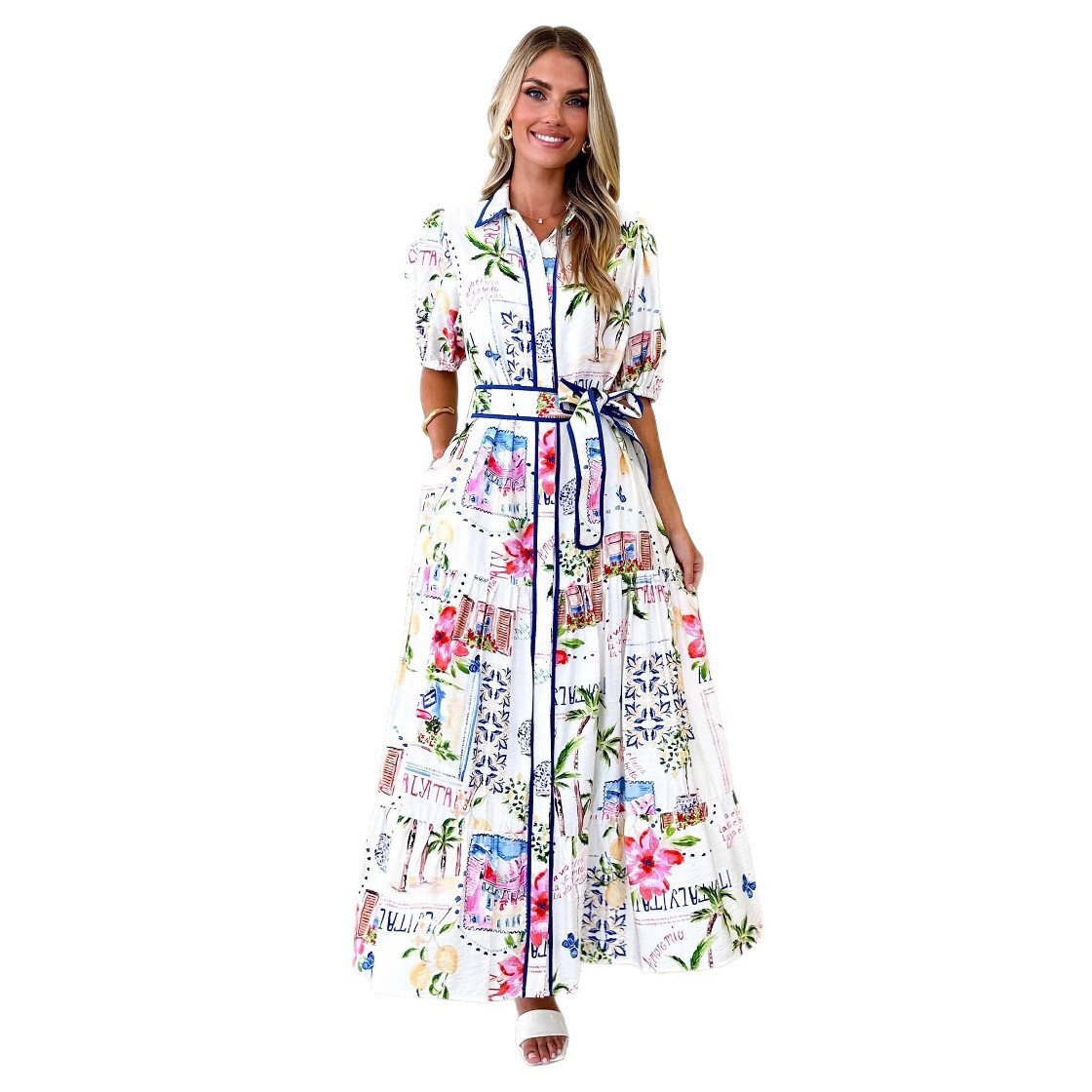 2025 Womens Cotton and Linen Floral Print Laceup Short Sleeve Dress