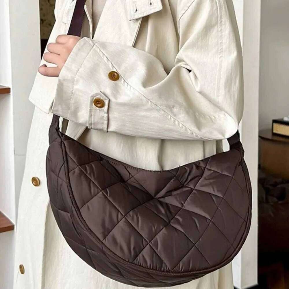Portable Solid Color Plaid Crossbody Quilted Padded Half Moon All-Match Adjustable Strap Nylon Shoulder Bag