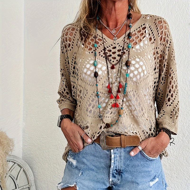 Designer Clothing Women's Solid Color Hollow Knit Sweater