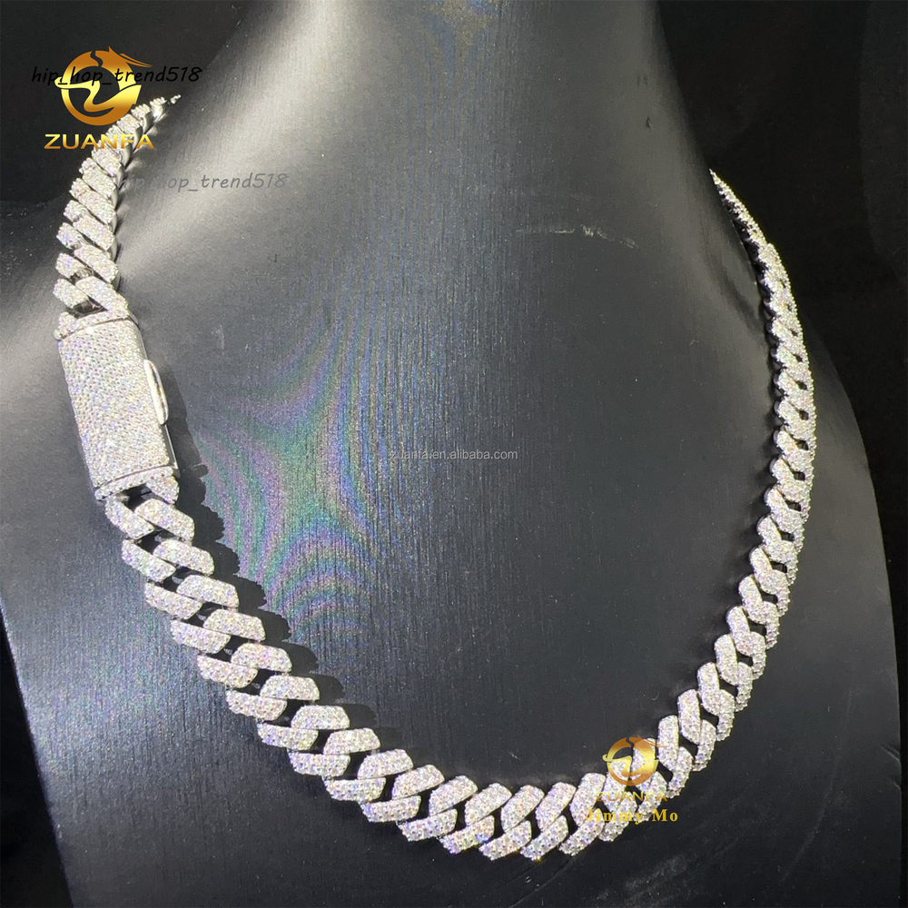 Hot Selling Popular Box Clasp 925 Solid Silver 12mm Two Rows Iced Out Hip Hop VVS1 Moissanite Miami Cuban Link Chain