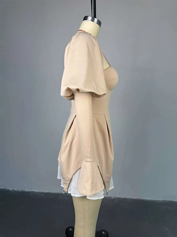 Bubble Sleeve Slim Patchwork Short Dress Woman Chic Solid Color Irregular Pleated Dresses Elegant Womens Fashion Mini Dresses 250905