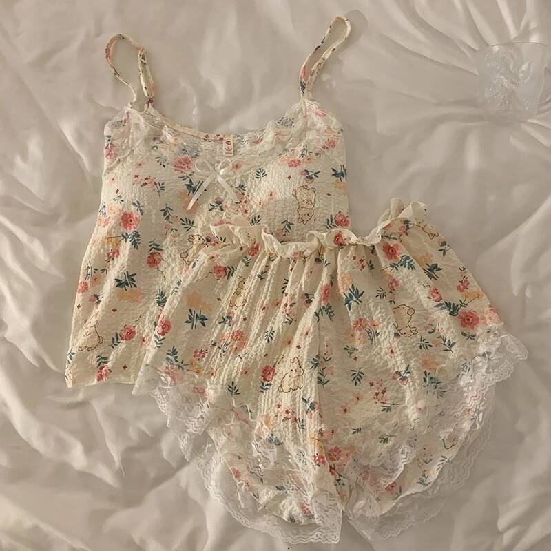 2025 New Bow design Flower Strap Pajama with Chest Mat for Women's S Summer Printed Thin Lace Top and Shorts Two Piece Pajama Set, Suitable for S