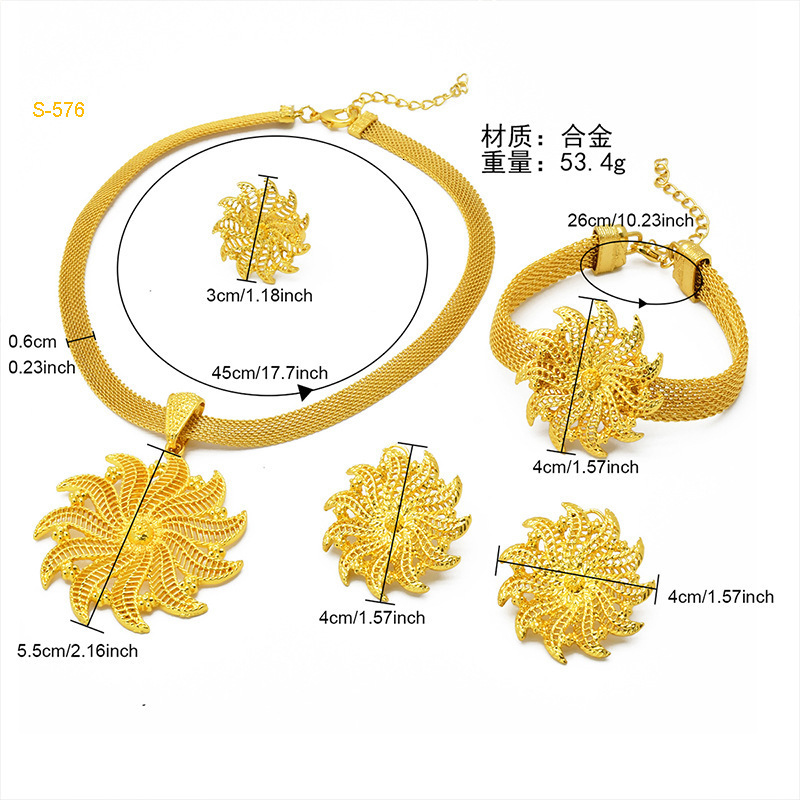 Dubai 24 K gold jewelry bride jewelry set Saudi womens necklace bracelet earring ring set of four 230809