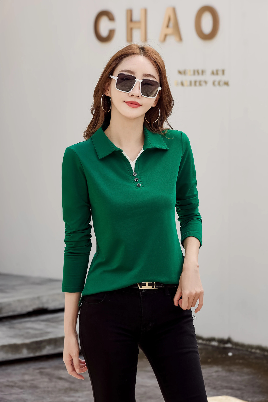 Korean Fashion Autumn Womens Polo Shirt Cotton Long Sleeve TShirt With Button Solid Candy Color Knit High Quality Women 250905