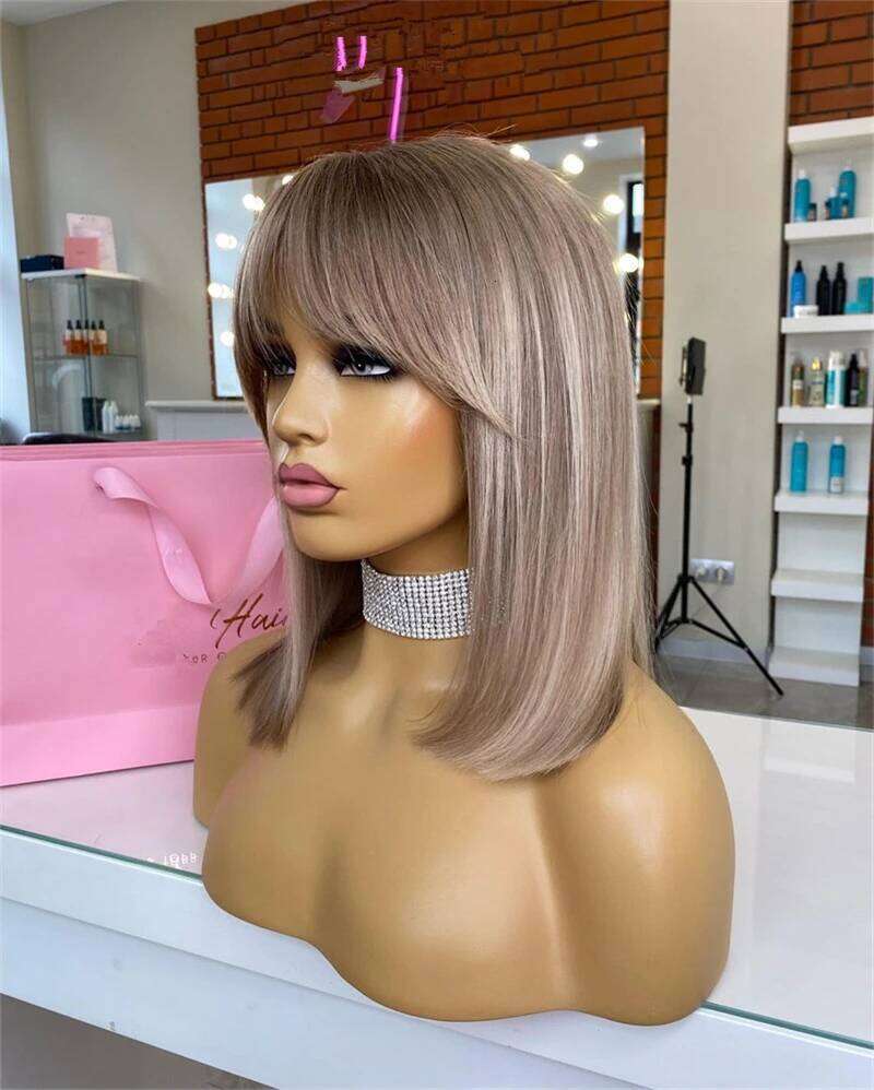 Platinum 13x4 Lace Front with Bangs STraight Dirty Ash Blonde Wigs Natural Roots High Heat Resistant Fibre Fringe Wig