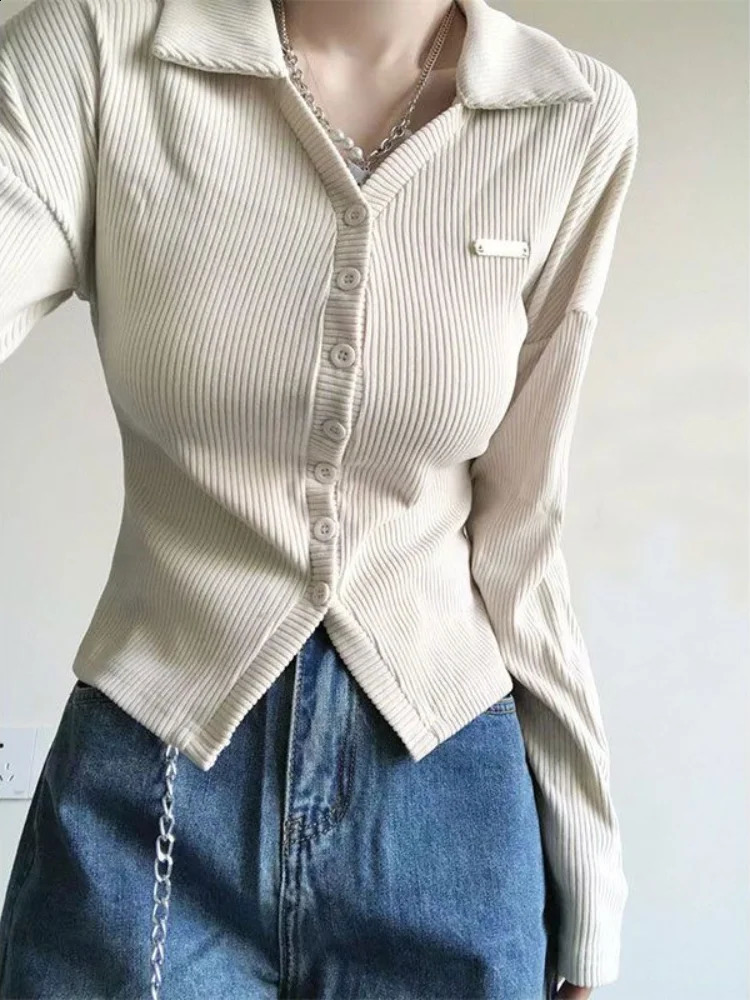 Female Tee Long Sleeve 100 Cotton Tshirts Autumn Winter Apricot Button Womens Polo Clothing Sales Y2k Fashion Original 250905