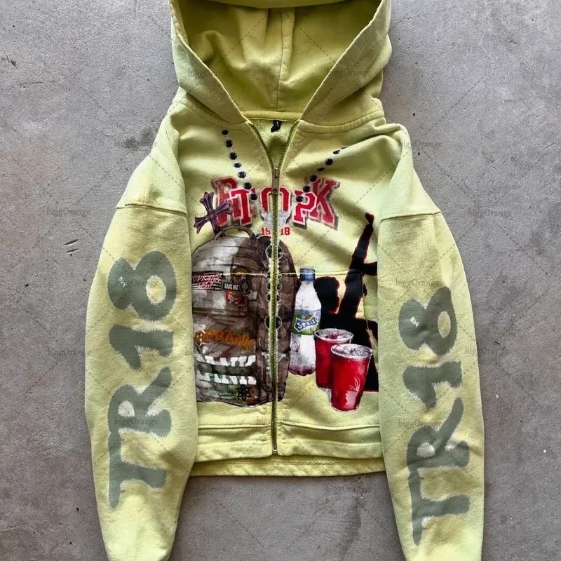 Loose and Oversized Hoodie American Retro Animation Printed Zipper Sweatshirt Fashionable Versatile Personalized Clothing 250904