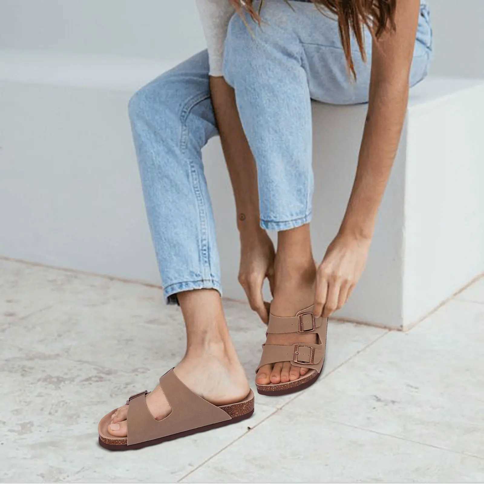 Bebealy Womens Cork Footbed Slide Sandal Summer Men Mules Fashion Women Clogs Slippers Outdoor Beach Sandals Adjustable Buckle W250905