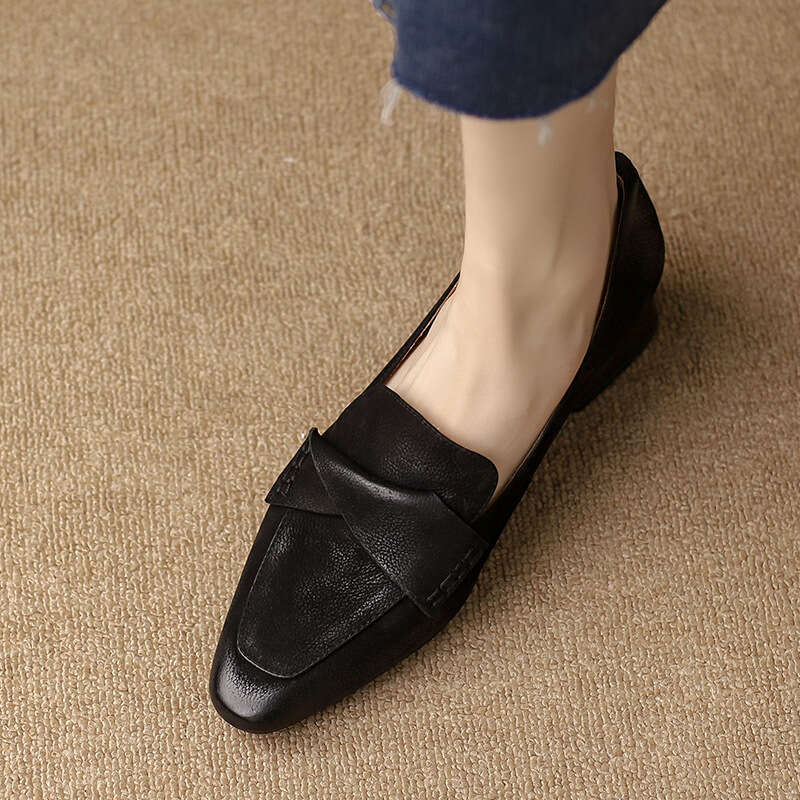 Brown French Style Pointed Toe Chunky Mid Leather Commuter Elegant Low Heel Women's Shoes