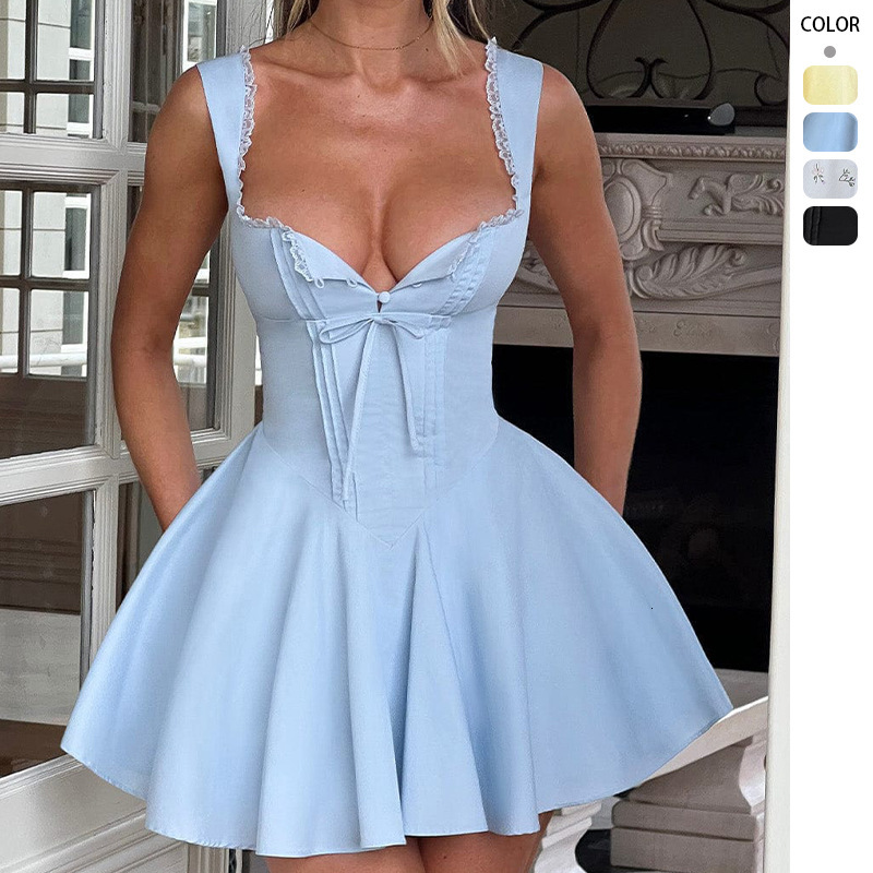 Sexy Womens New Lace Patchwork Hot Girl Strap Dress Slim Backless Dress Womens Puffy Short Dress