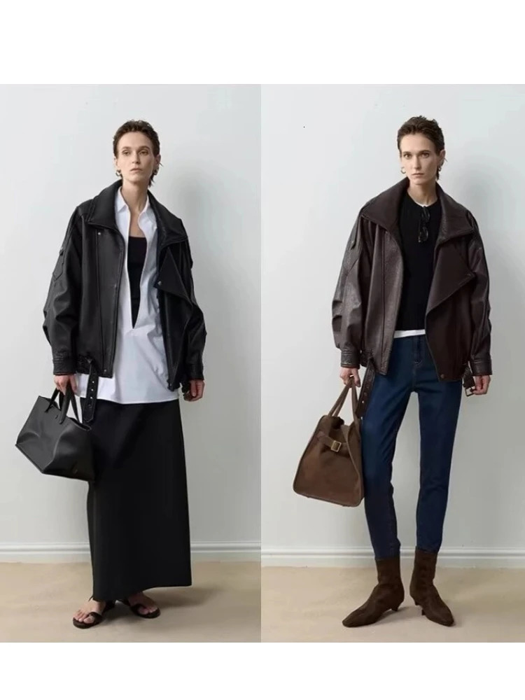 Retro PU Leather Stand Collar Jacket Women Casual Loose Large Lapel Zipper Button Belt Jackets Female Autumn Chic Street Outwear 250905