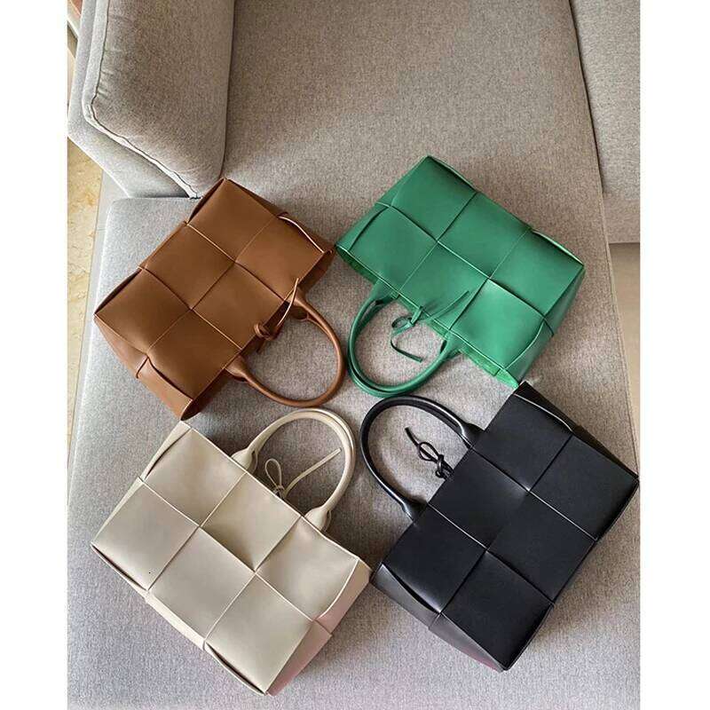 Women's Bags 2021 Large Lattice Square Shape Woven Tote Shoulder Bag Genuine Leather Famous Brand Designer Handbags