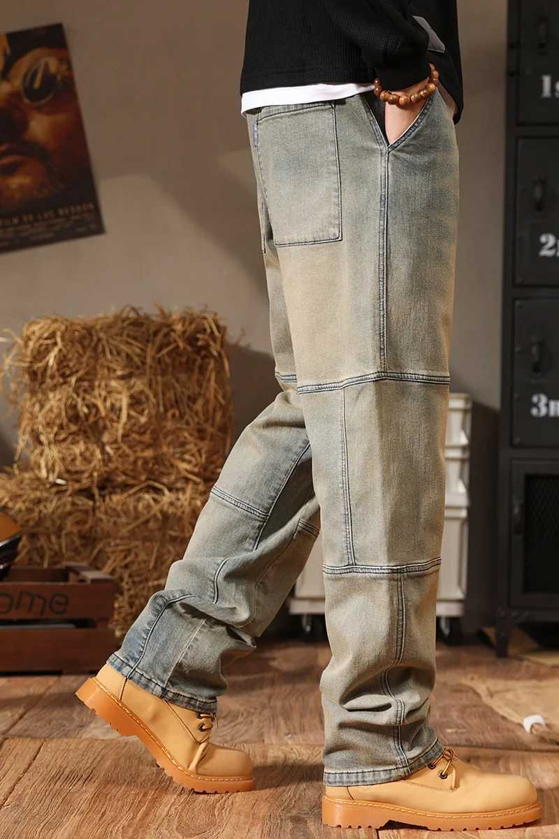 Trendy Mens Relaxed StraightLeg Jeans Mud Yellow Vintage Wash Stretch Denim for Casual Style Comfort Stretch Fabric W250905