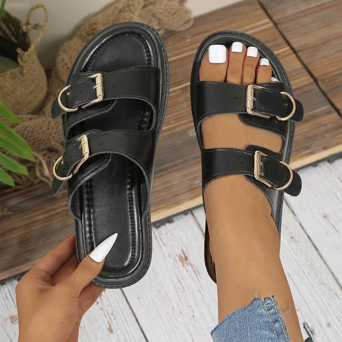 Casual Sandals Women Leather Metal Ankle Buckle Strap Summer Beach Ladies Low Heel Sport Shoes Handmade W250905