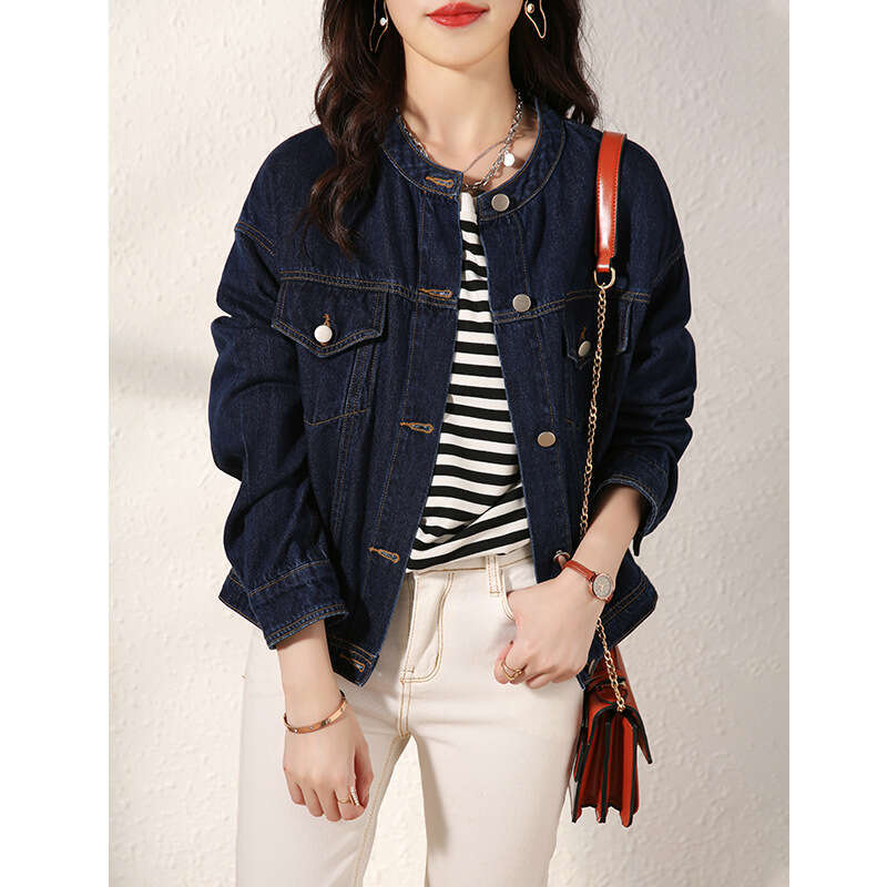 Round Neck Workwear Jacket Early Spring Women's Fashion New Short Blue Denim Top B5