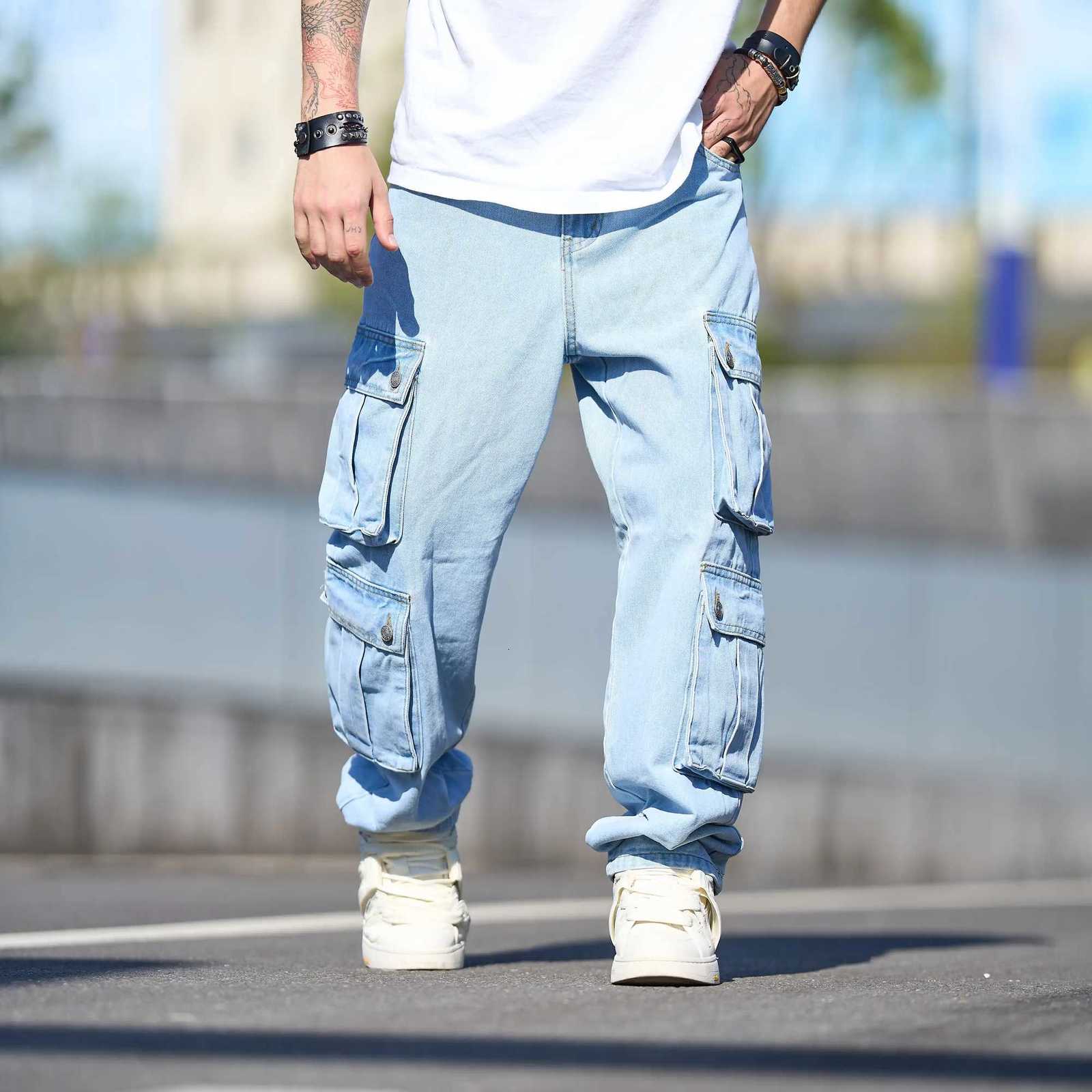 New Men Multi pocket Loose Straight Cargo Jeans Stylish Streetwear Male High Quality Solid Casual Denim Pants W250905