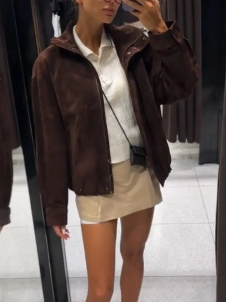 Vintage Solid Laple Loose Jackets Women Fashion Full Sleeve Ruff Zipper Pockets Oversize Coat Female Autumn Chic Casual Coats 250905