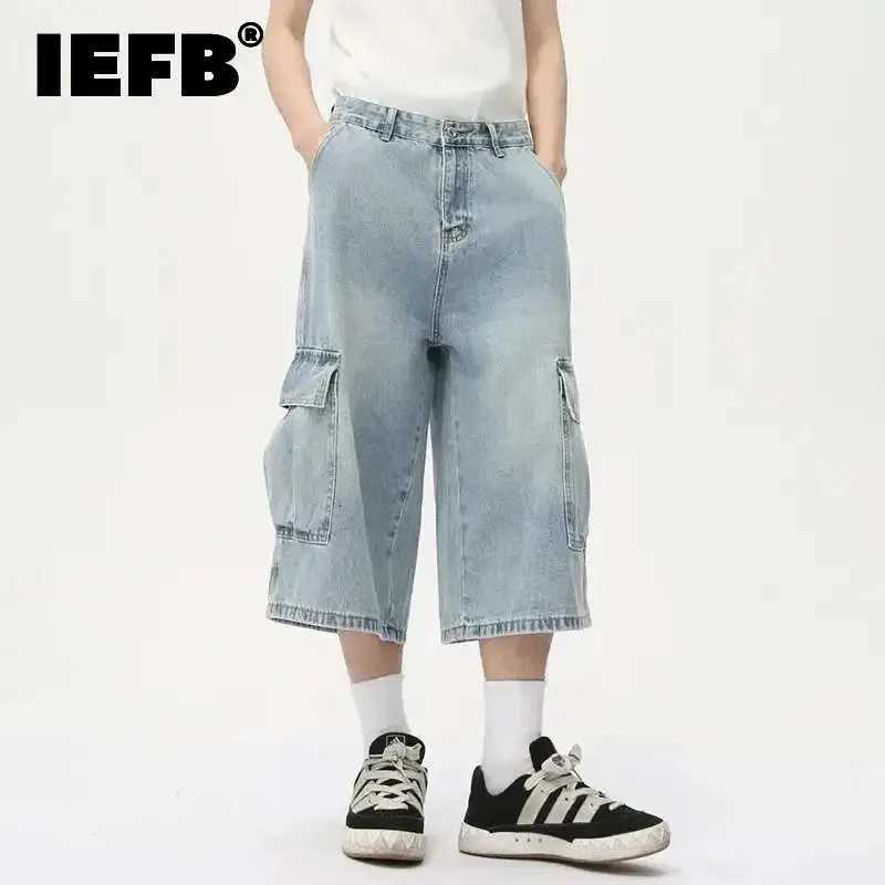 IEFB American Style Mens Denim Shorts Multipocket Cargo Trousers Solid Color Washing Chic Straight Leg Male Bottom 9W89 W250905