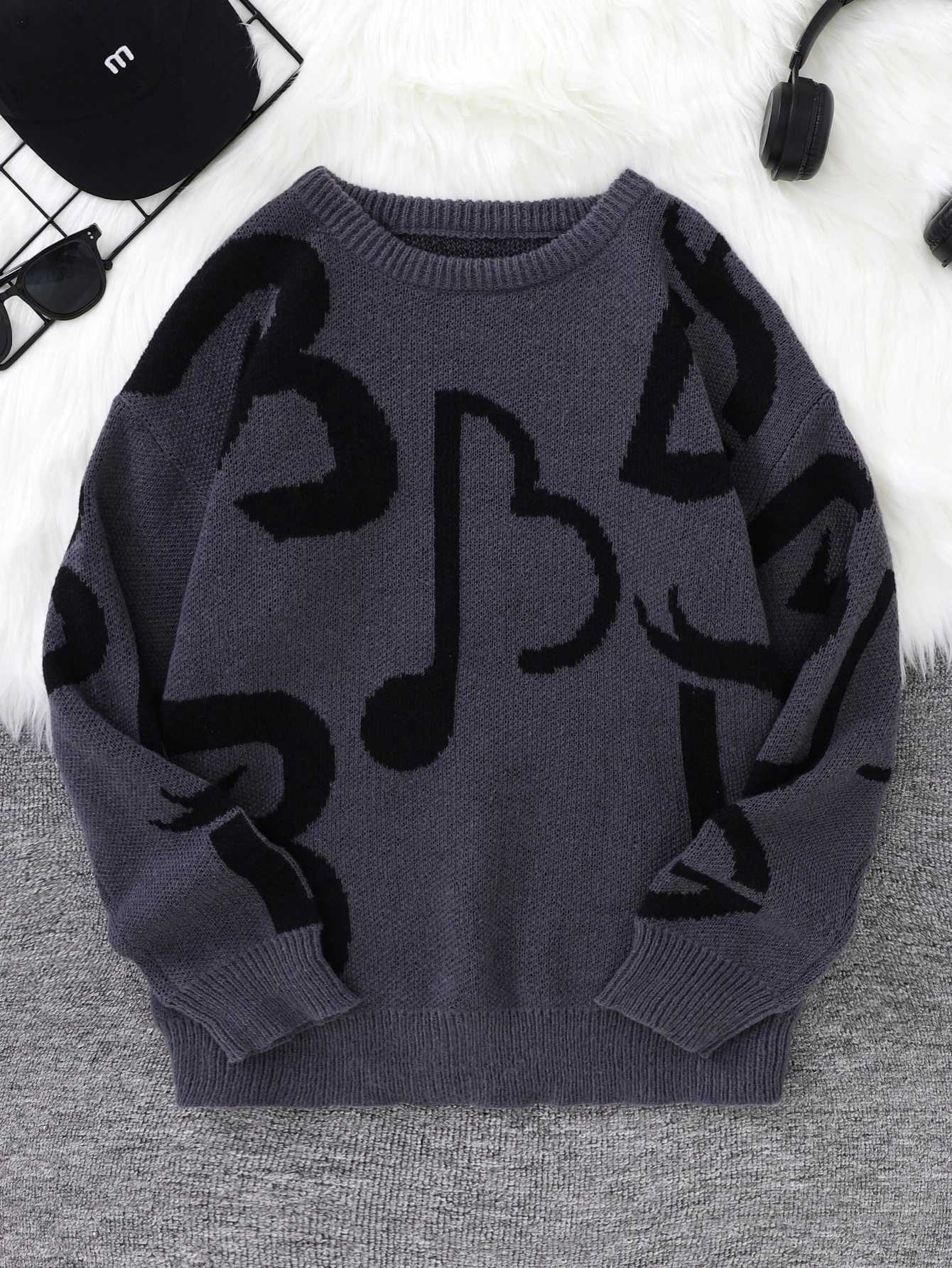 New Popular Autumn and Winter Letter Note Jacquard Pattern Pullover Sweater Casual Round Neck Contrast Color Knitted Mens Pullover Z250905
