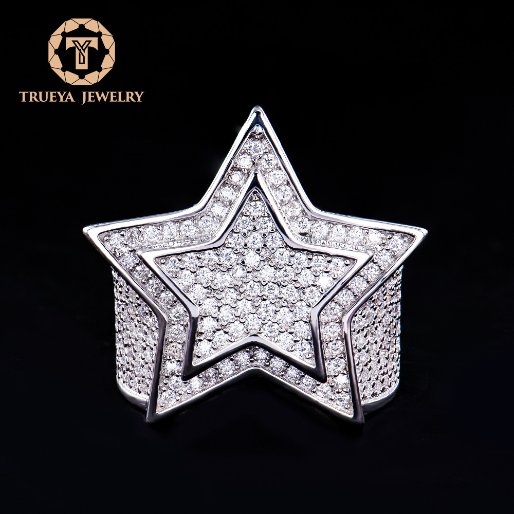 Factory Customized Luxury Mens Sterling Silver 925 Fine Jewelry Star Shape Iced Out Diamond Mossanite Moissanite Hip Hop Ring
