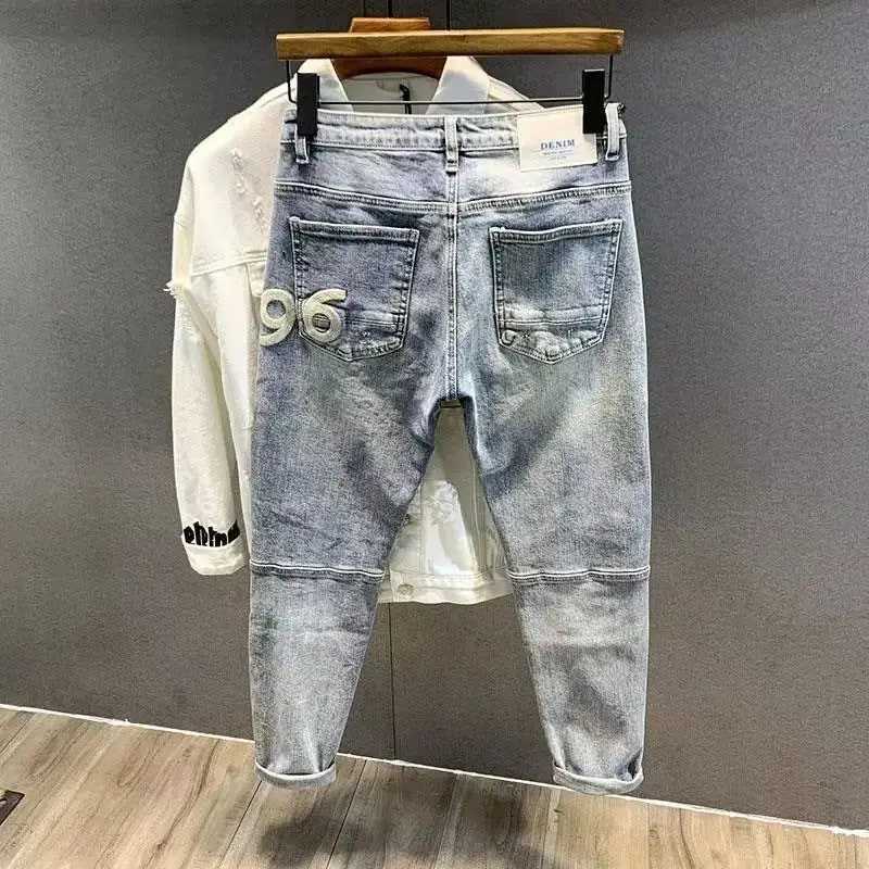 Mens Retro Jeans Casual Spring Autumn Slim Pencil Pants Vintage Distressed Motorcycle Stitching Embroidery Washed Skinny Jeans W250905