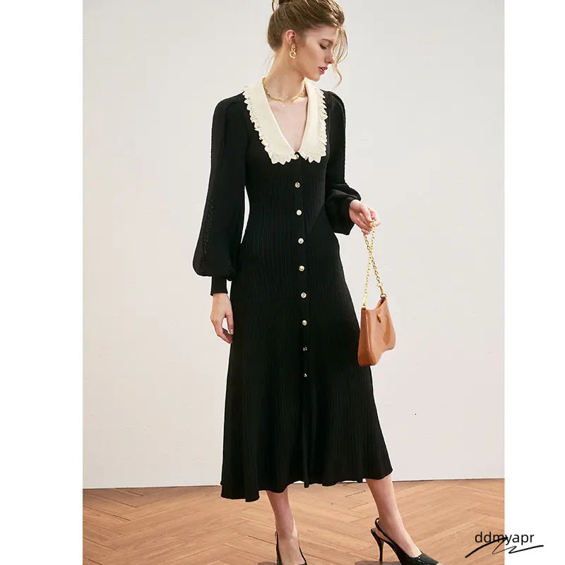 Vintage Knitted Long Sleeve From Korea Elegant Autumn/Winter ddmyday Sweet Peter Pan Collar A-Line Womens Button Black Midi Dress Fashionable 241125 d