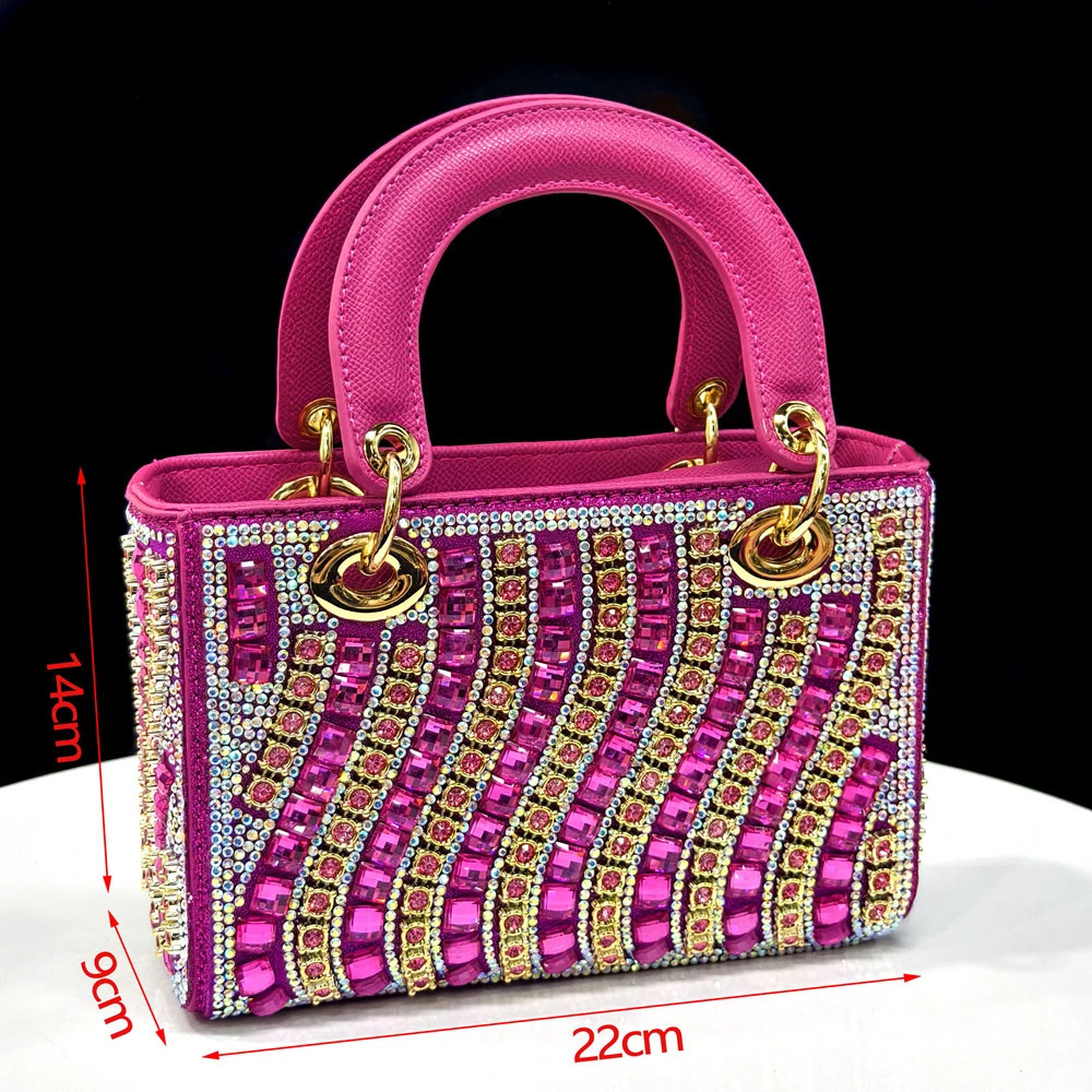 Shiny Italian Fashion Pointed Toe Women Heel Rhinestone Decoration Fuchsia Color Shoes And Bag Set 250905