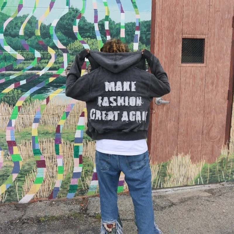 Gothic Fashion Oversized Letter ed Patch Zipper Hoodie Men Y2K Harajuku Vintage Hip Hop Casual Couple Sweatshirt 250904