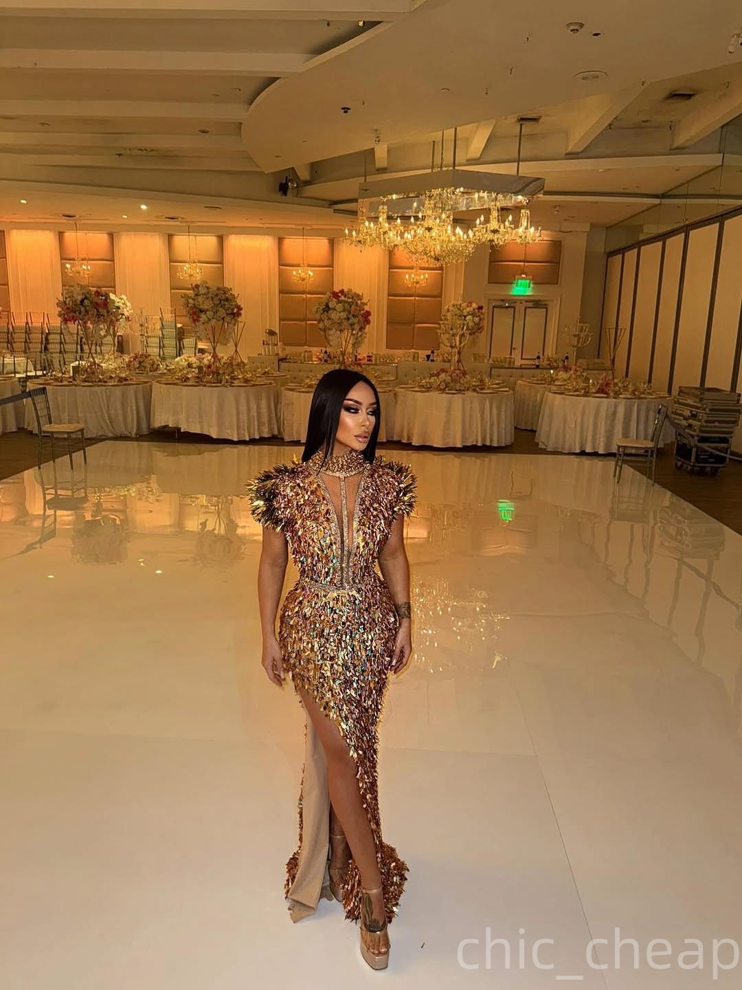 Aso Ebi Gold Sheath Prom Dresses 2025 Sequined Crystals High Split Evening Formal Party Second Birthday Engagement Gowns Plus Size Dress For Special O