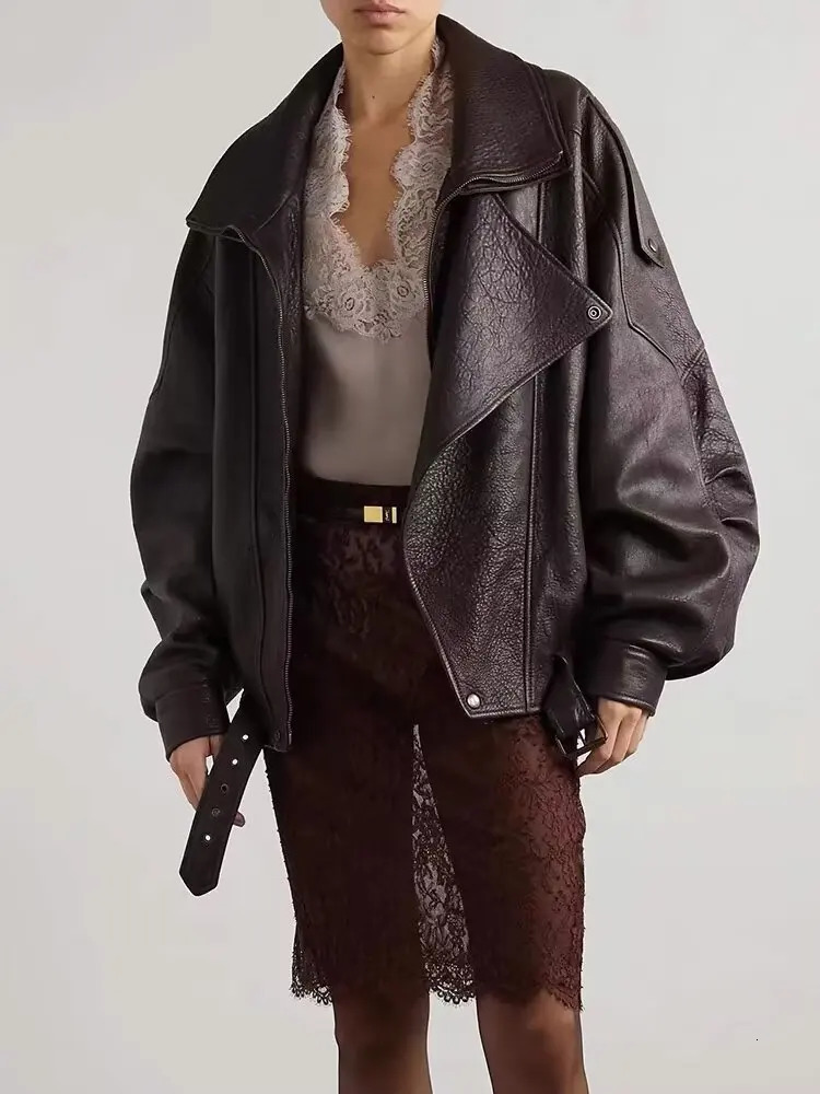 Retro PU Leather Stand Collar Jacket Women Casual Loose Large Lapel Zipper Button Belt Jackets Female Autumn Chic Street Outwear 250905