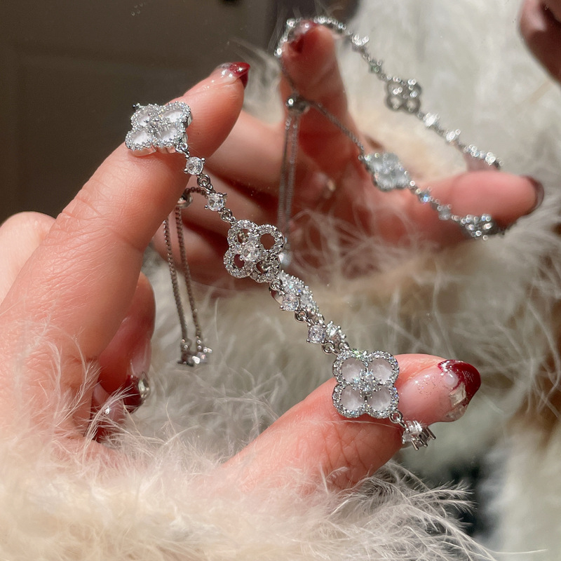 Silver Tone Bracelet With Four-Leaf Clover Motifs, Black Enamel & Sparkling Crystal Detail Luxury Elegant Style Daily & Special Occasion Wear Gift For