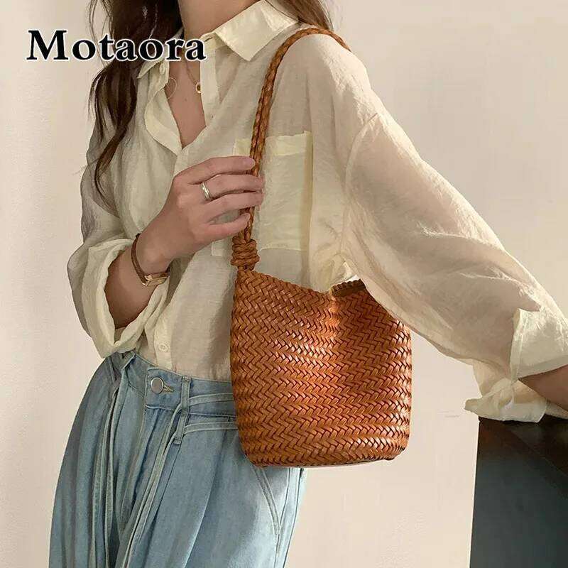 MOTAORA Bucket Bag for Women Crossbody Cowhide Leather Hand Woven Slant Top Handbag with Phone Pocket New Design