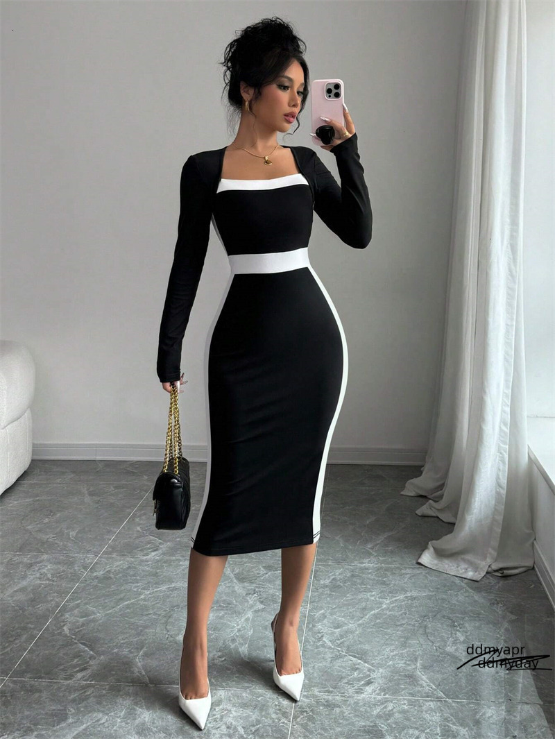 Free Shipping Designer Fashion Classic Versatile Light Womens Ddmyday ddmyday Clothing Splicing Color Collision Medium Skirt Long Sleeved Dress