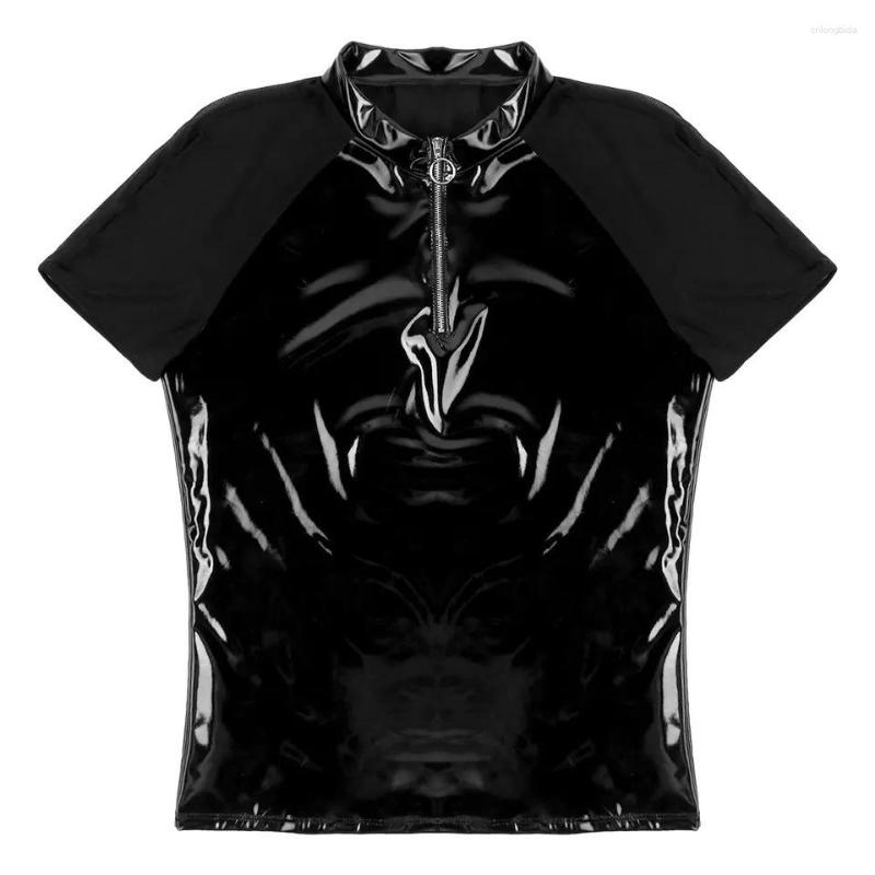 Men's T Shirts Short-sleeved Soft Patent Leather T-shirt Stand Collar Bright PVC Stretch Tight Close-fitting Top For Men