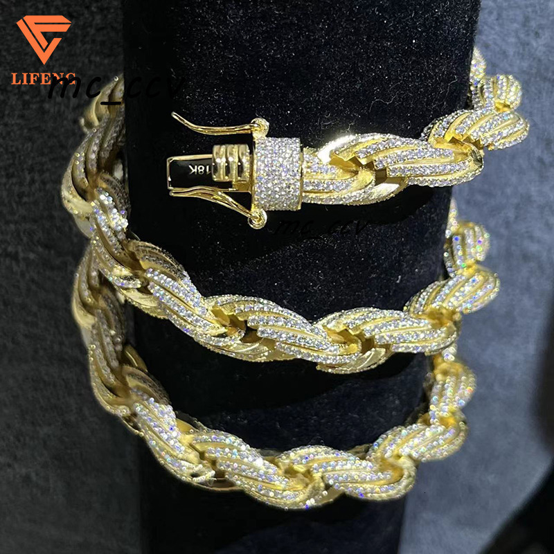 Lifeng Jewelry 10mm Sterling Silver 18k Gold Plated Rope Chain Men Hiphop Moissanite Diamonds Rope Chain Necklace