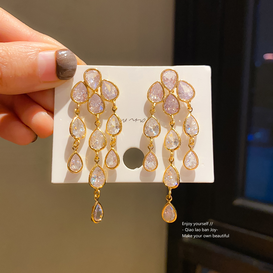 Gold Tone Teardrop Crystal Tassel Earrings With Layered Dangle Design Glamorous Sparkling Style Party & Formal Occasion Wear Gift For Her Luxe Stateme