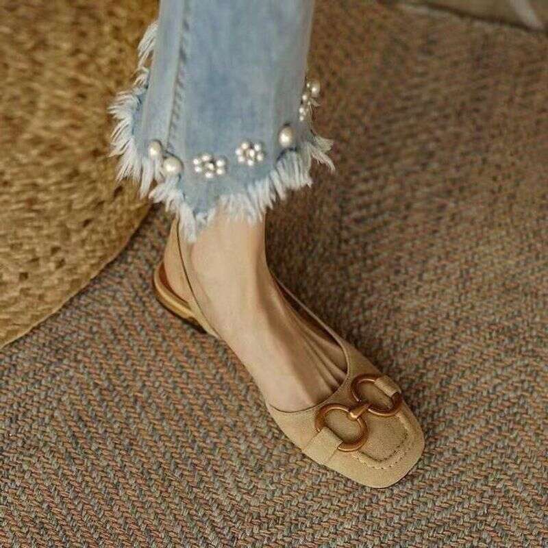 Women's 2024 Summer New Back Air Single Shoes French Low Heel Breathable Large Size Sandals With Horse Titles Buckle