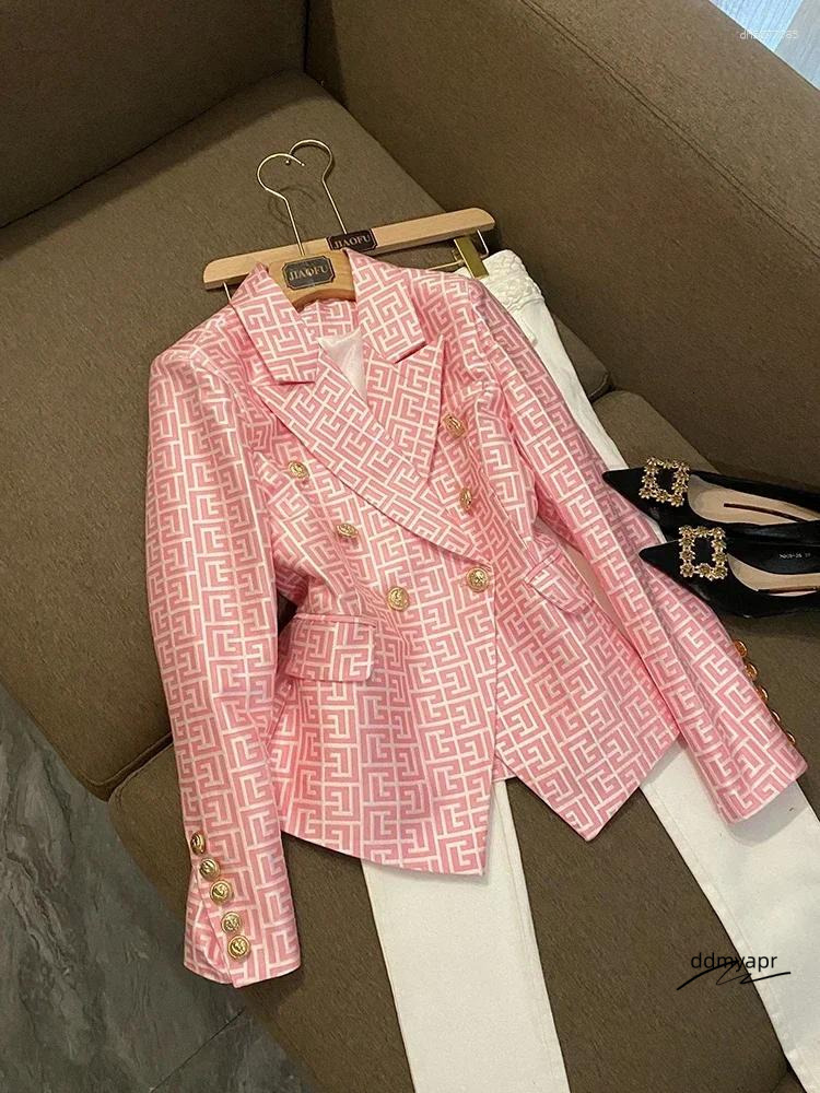 Women's Blouses France Fashion Double Breasted Pink Geometric Jacquard Slim Suit Jacket Vintage Aesthetic ddmyday Office Lady Formal Coats ddmyda