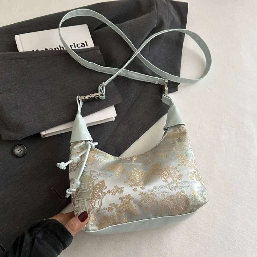 Embroidery Shoulder Nylon Texture Small Armpit Bag Pearl Pendant Bucket Handbag Women Girl