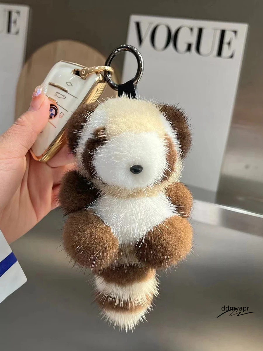 Ddmydec Cute Raccoon Real Mink Fur Keychain Plush Toy Trinkets Women Bag Hanging Ornaments Car Key Metal Ring Pendant Kids Classic Gift 250110