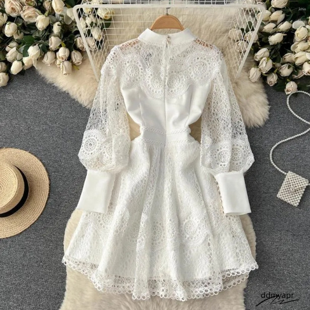 Summer Casual Dresses Vintage Flower Embroidery Hollow Out Lace White Dress Womens Stand Collar Long Lantern Ddmydec Sleeve Pearls Buttons Party Vesti