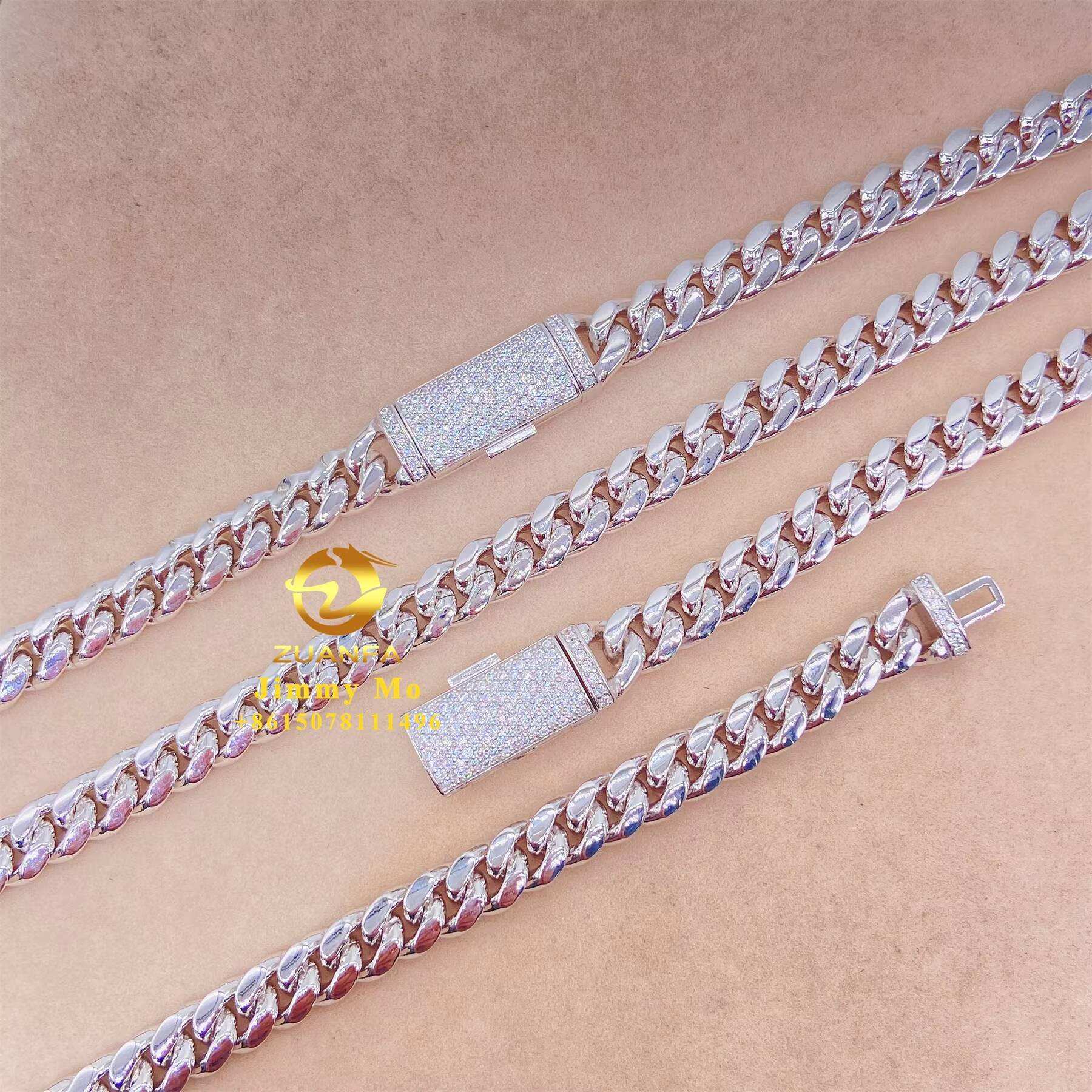 Ready to Ship 8mm 10mm 12mm 14mm 18mm Iced Out Hip Hop Moissanite Diamond 316L Stainless Steel Gold Plated Cuban Link Chain