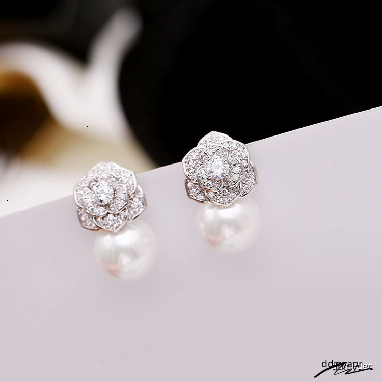 Elegant Freshwater Camellia Flower ddmydec Earrings For Women Dia Zircon Stud Ball Pearl Earring Fashion Wedding Jewelry Nice Gift ddmydec