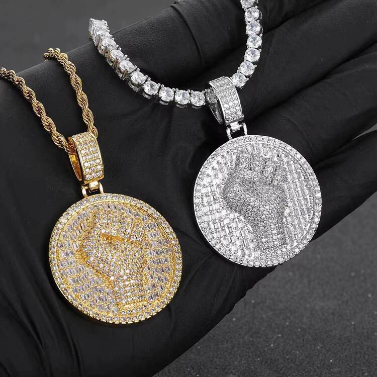 GZYS JEWELRY Wholesale Gold Plated Diamond Mens Fist Coin Necklace Pendant Iced Out Jewelry