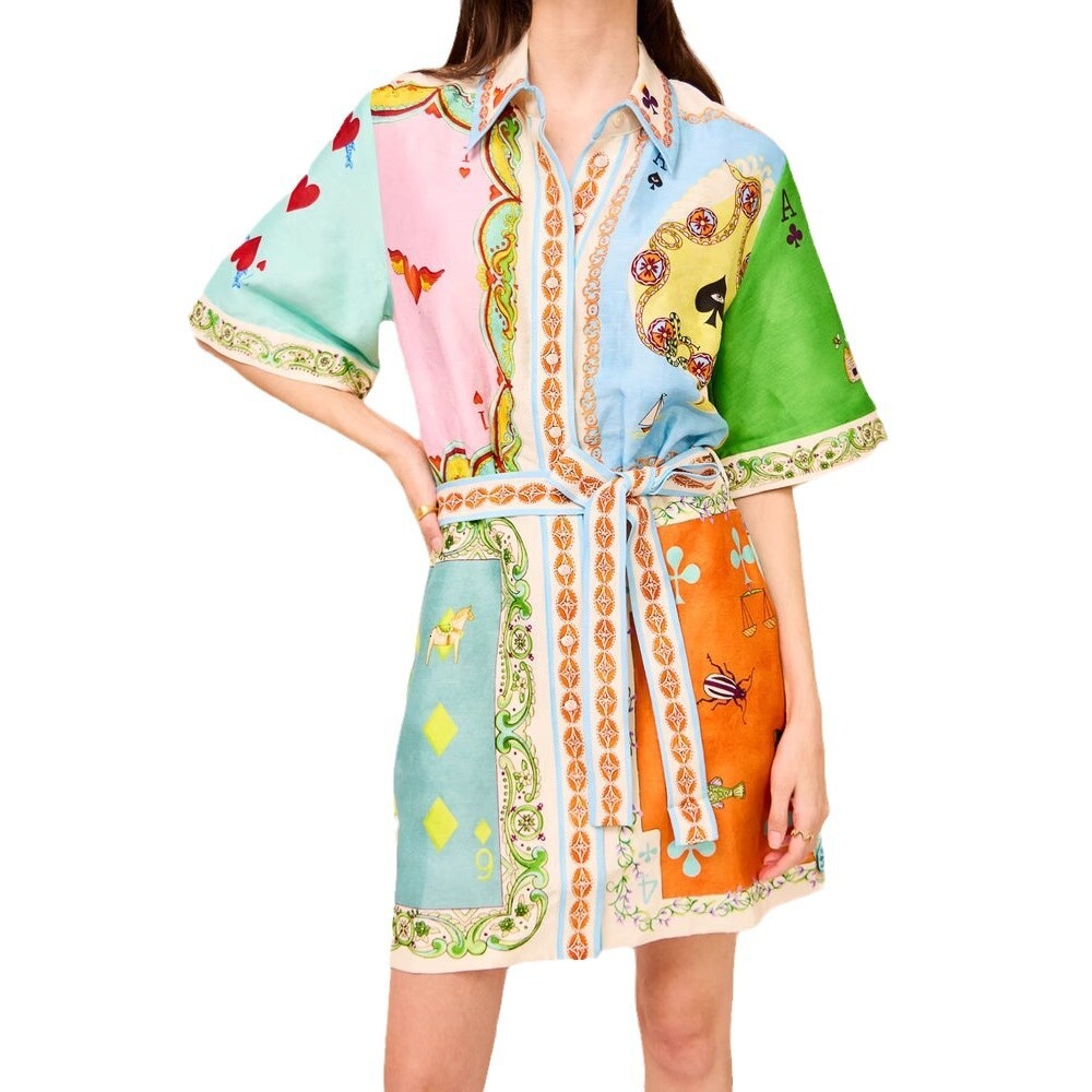 2025 SpringSummer Womens HighEnd Printed Vacation Lapel WaistCinching ShortSleeve Dress