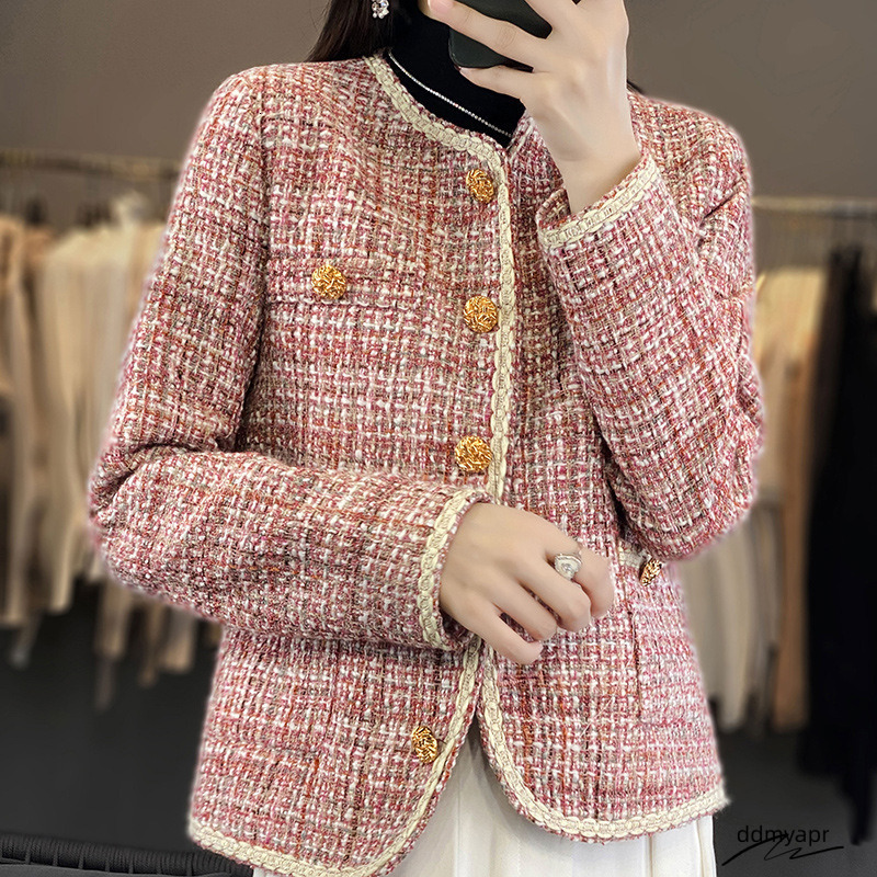 Graceful French Style Elegant Design Small Fragrance Round Neck Coat Tweed Pink Plaid Petite Short Ddmydec Top 250721 Ddmydec Ddmydec Ddmydec Ddmydec