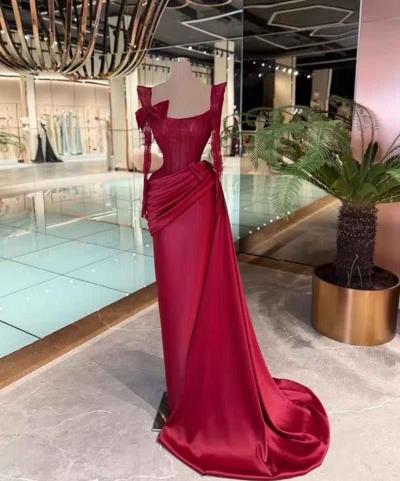 Simple Evening Dresses Lace Long Sleeves Prom Dress Detachable Train Mermaid Slim Bow Princess Party Gowns Vestidos De Noche Plus Size