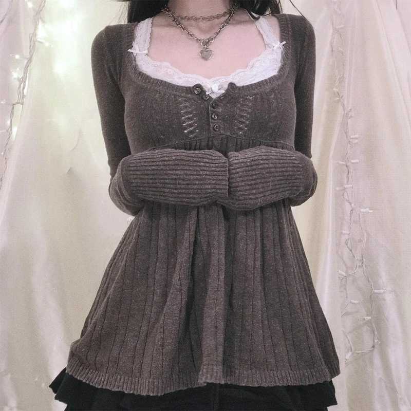 2000s Vintage Long Sleeve Babydoll Knitted Sweater Tops Cottage Milkmaid Pullovers Aesthetic Grunge Y2k Knitwear Tshirts Women Z250905