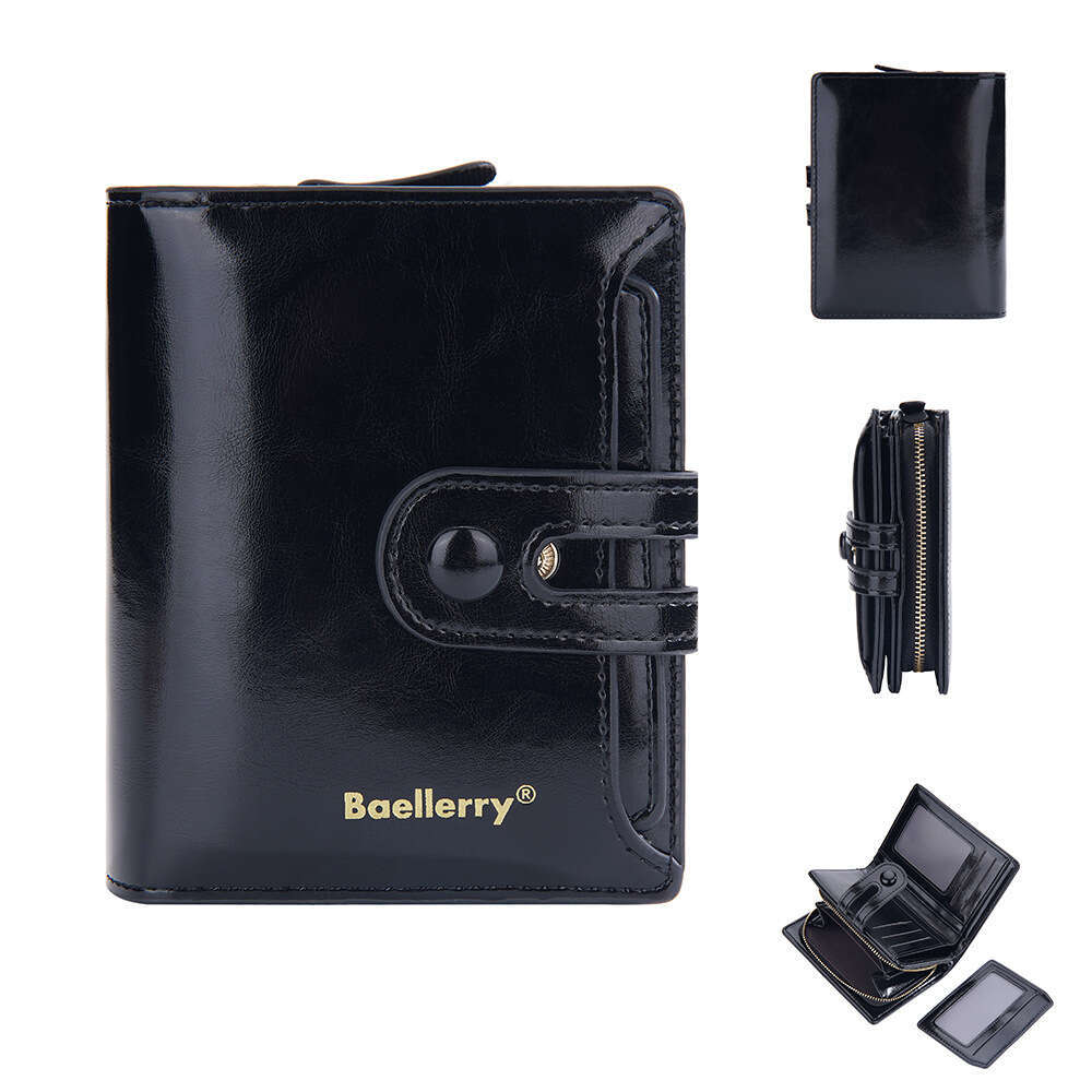 Baellerry New Women's Wallet Korean Version Oil Wax Leather Multi-Card Slot Buckle Short Zipper Coin Purse